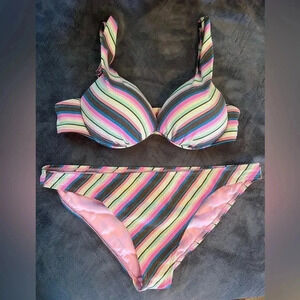 Magic Bra Size L/XL Multi Color Glitter Stripe 2 Piece Bikini